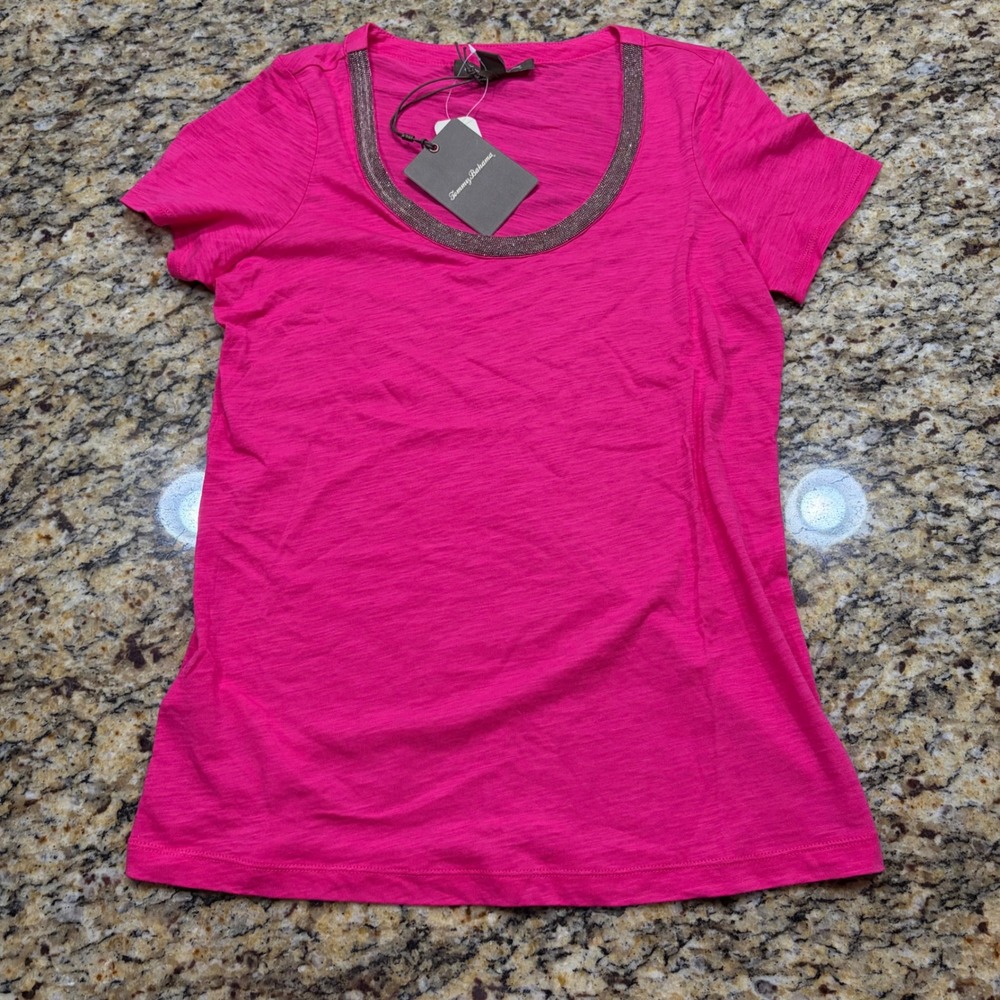 NEW Tommy Bahama Womens Pink Beaded Scoop Neck Slub Knit Short Sleeve Top XXS ws